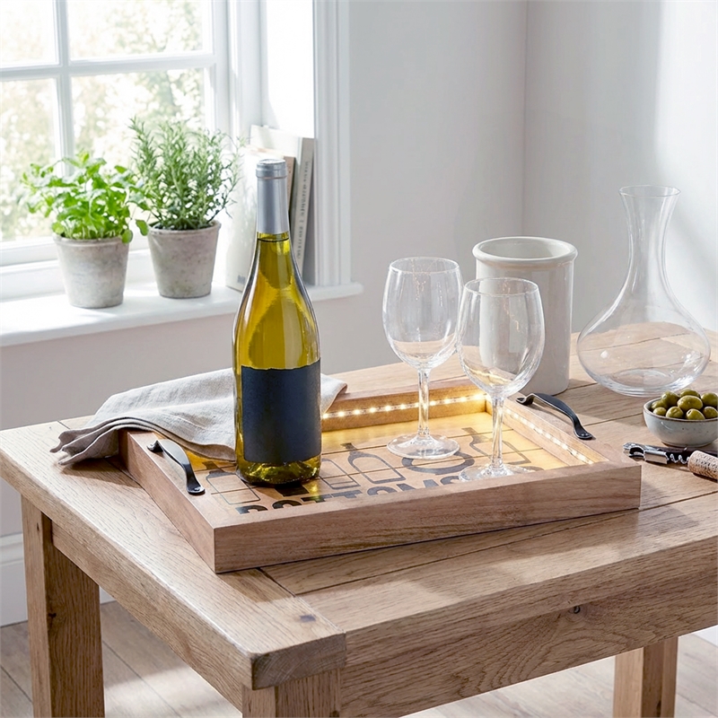 Verona Bottoms Up Wooden Serving Tray with LED in Wood & Black