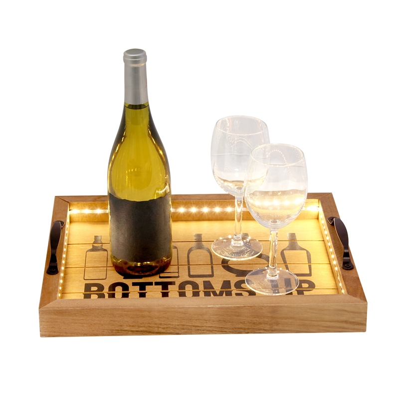 Verona Bottoms Up Wooden Serving Tray with LED in Wood & Black