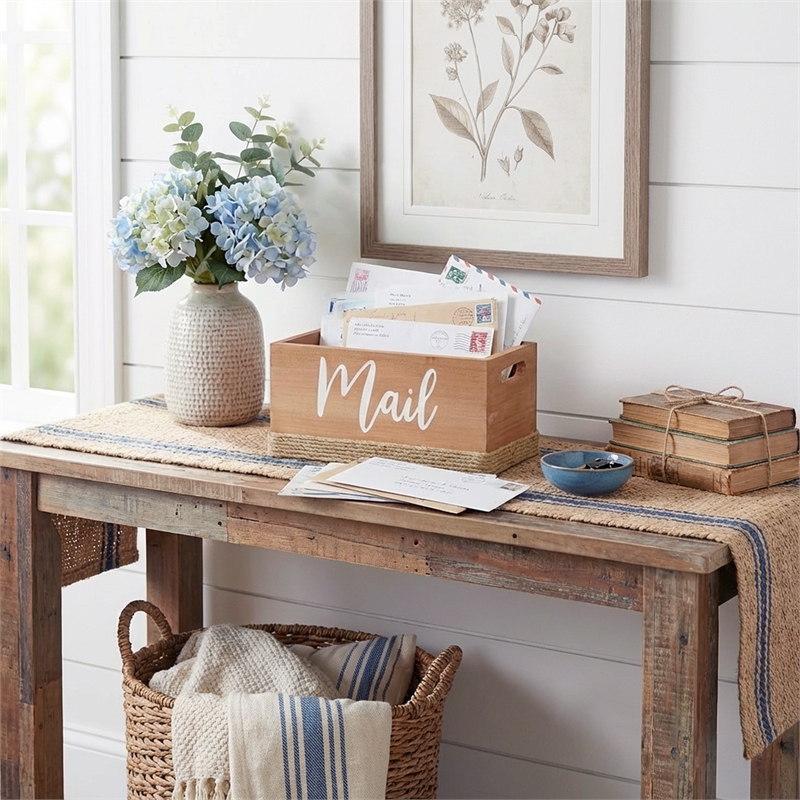 Anders Mail Box with Jute Base Finish in Wood & White