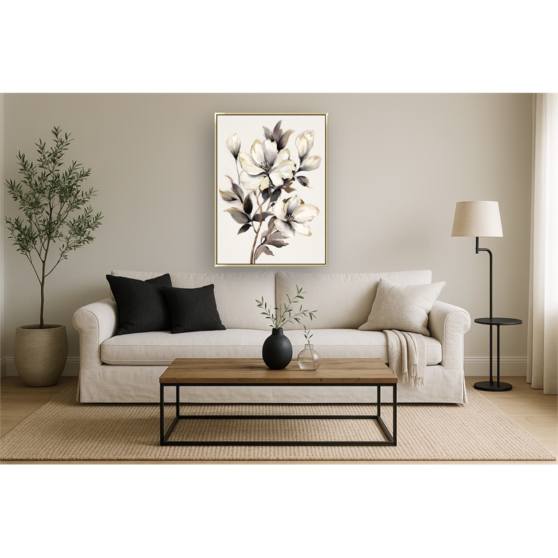 Gilded Whisper Floral Multi-Color Canvas Wall Art - Gold Wood Frame - 35