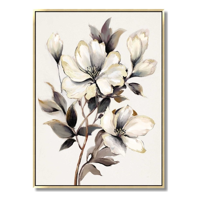 Gilded Whisper Floral Multi-Color Canvas Wall Art - Gold Wood Frame - 35