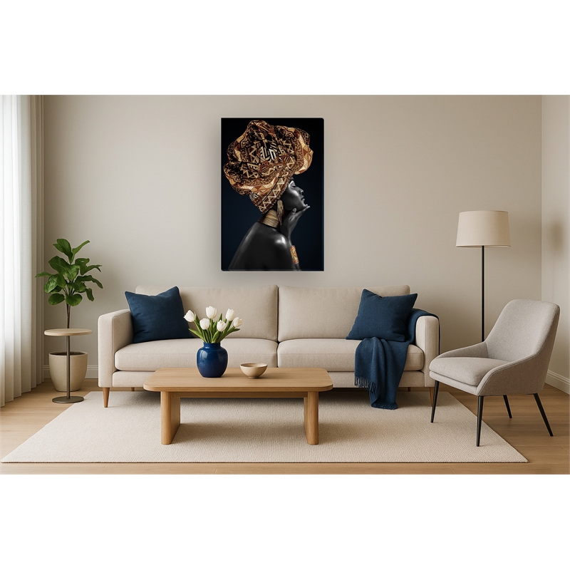 Gold Headdress Portrait on Black Multi-Color Canvas Wall Art - Wood Frame