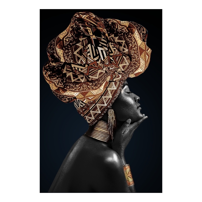Gold Headdress Portrait on Black Multi-Color Canvas Wall Art - Wood Frame