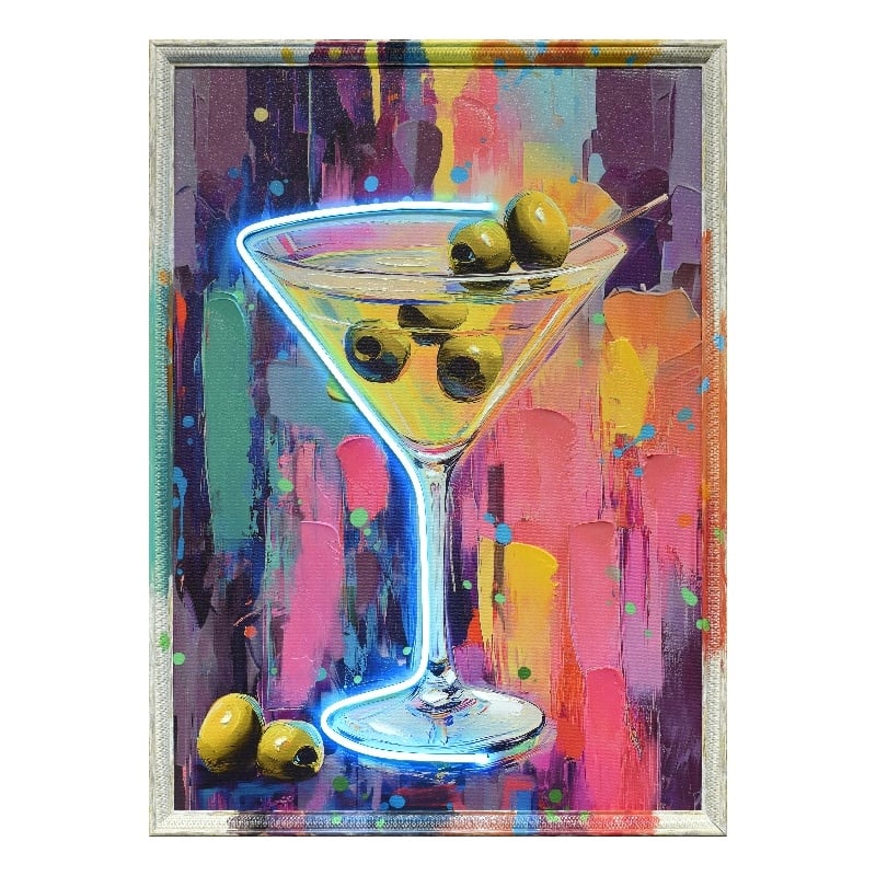Glow Martini Multi-Color Canvas Neon Wall Art - Multicolor Engineered Wood Frame