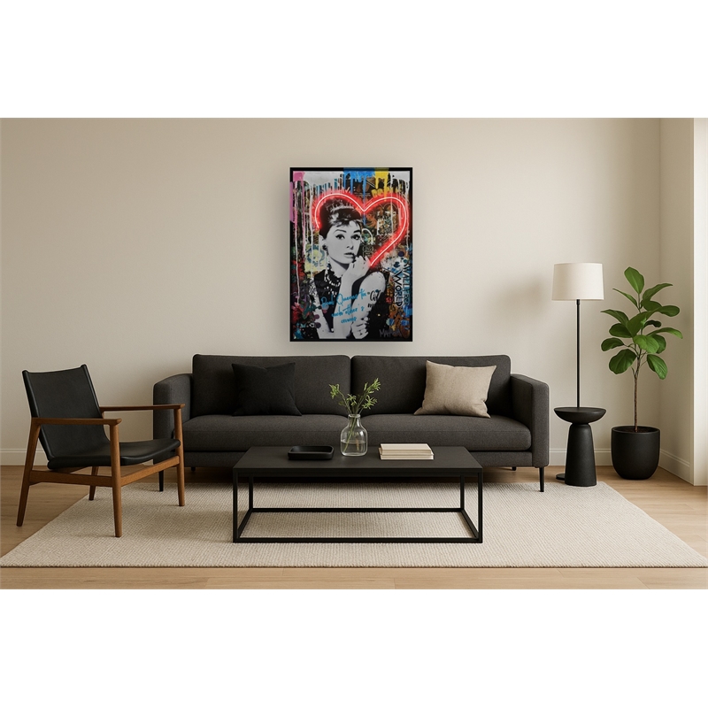 Neon Hearts with Iconic Figure Multi-Color Canvas Wall Art - Wood Frame