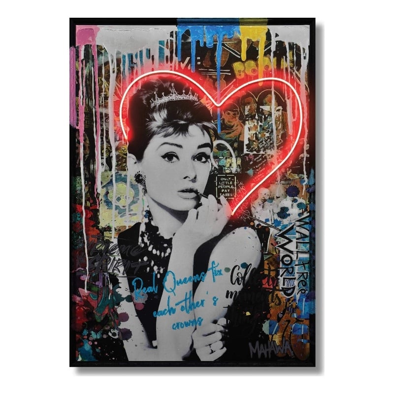 Neon Hearts with Iconic Figure Multi-Color Canvas Wall Art - Wood Frame