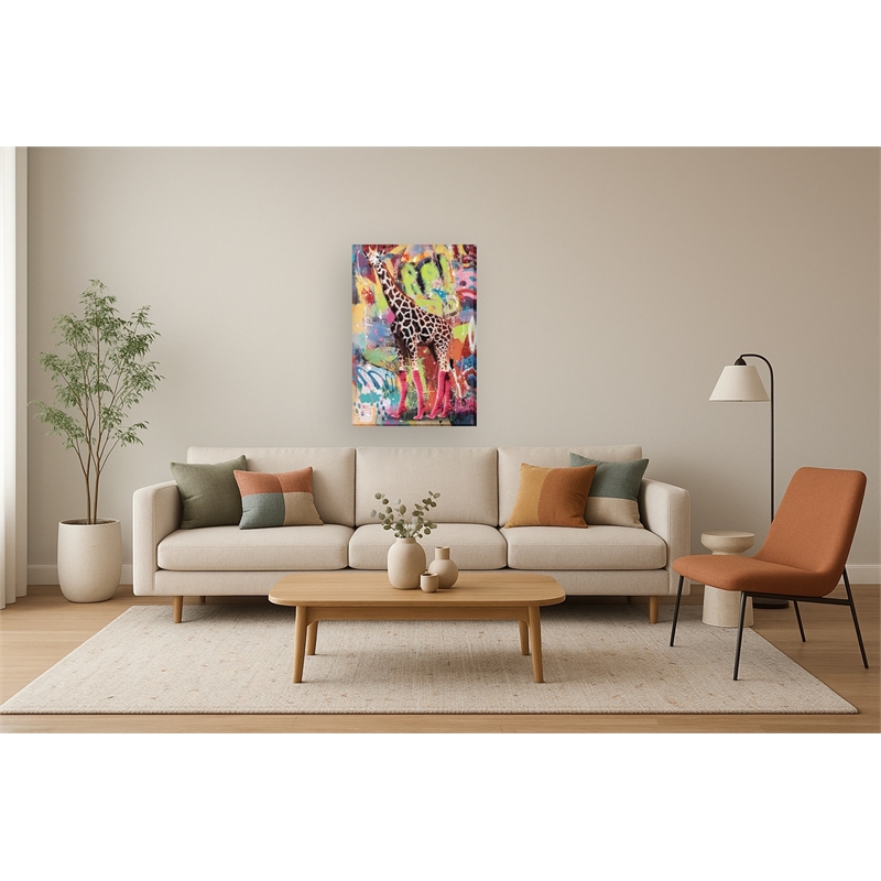 Urban Safari Giraffe in Pink Heels Multi-Color Canvas Wall Art - Wood Frame