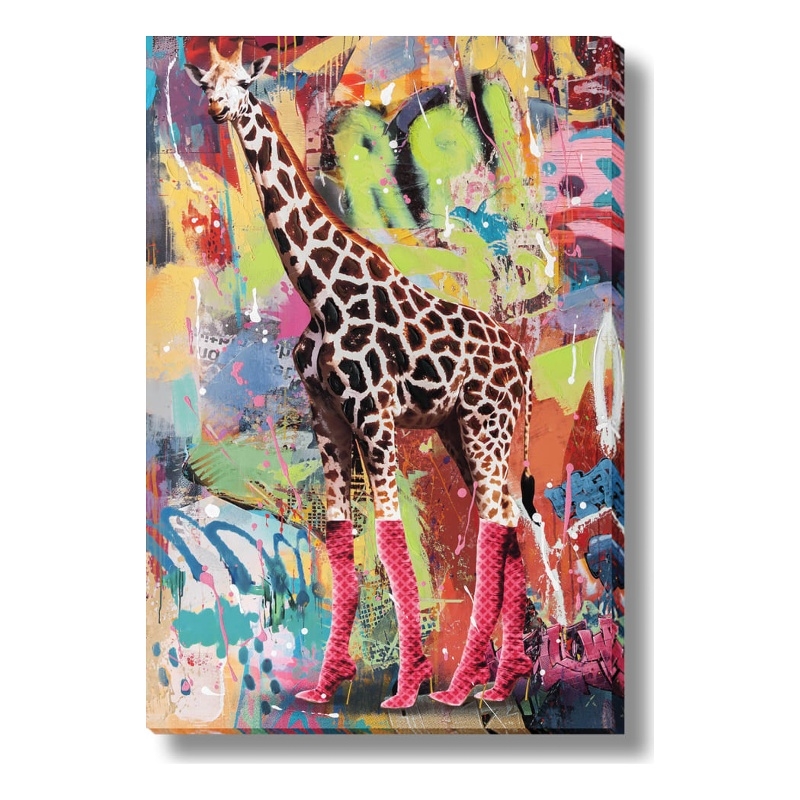 Urban Safari Giraffe in Pink Heels Multi-Color Canvas Wall Art - Wood Frame