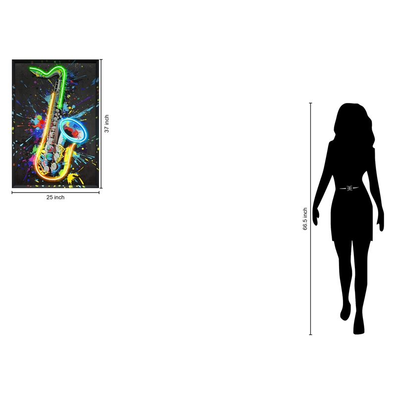 Vivid Neon Saxophone Multi-Color Canvas Wall Art - Black Engineered Wood Frame