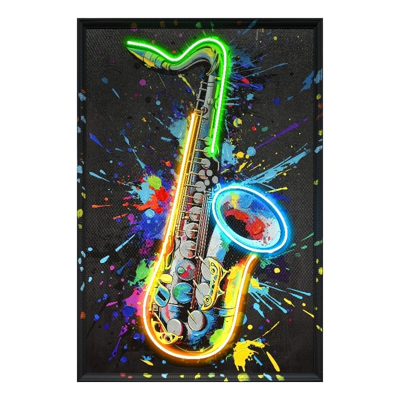 Vivid Neon Saxophone Multi-Color Canvas Wall Art - Black Engineered Wood Frame