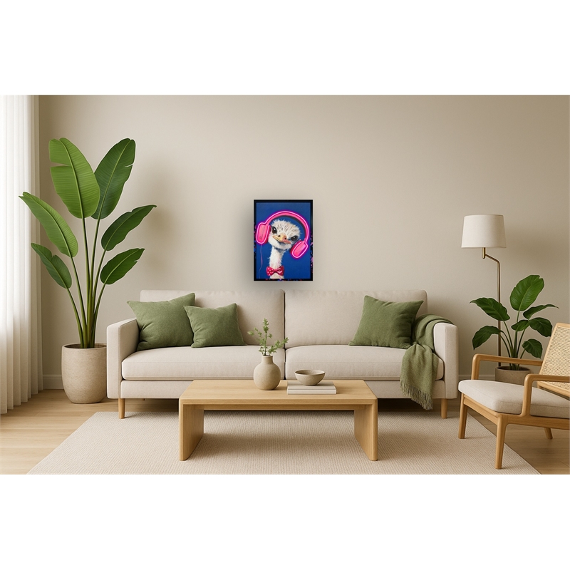 Whimsical Musical Neon Ostrich Multi-Color Canvas Wall Art - Wood Frame