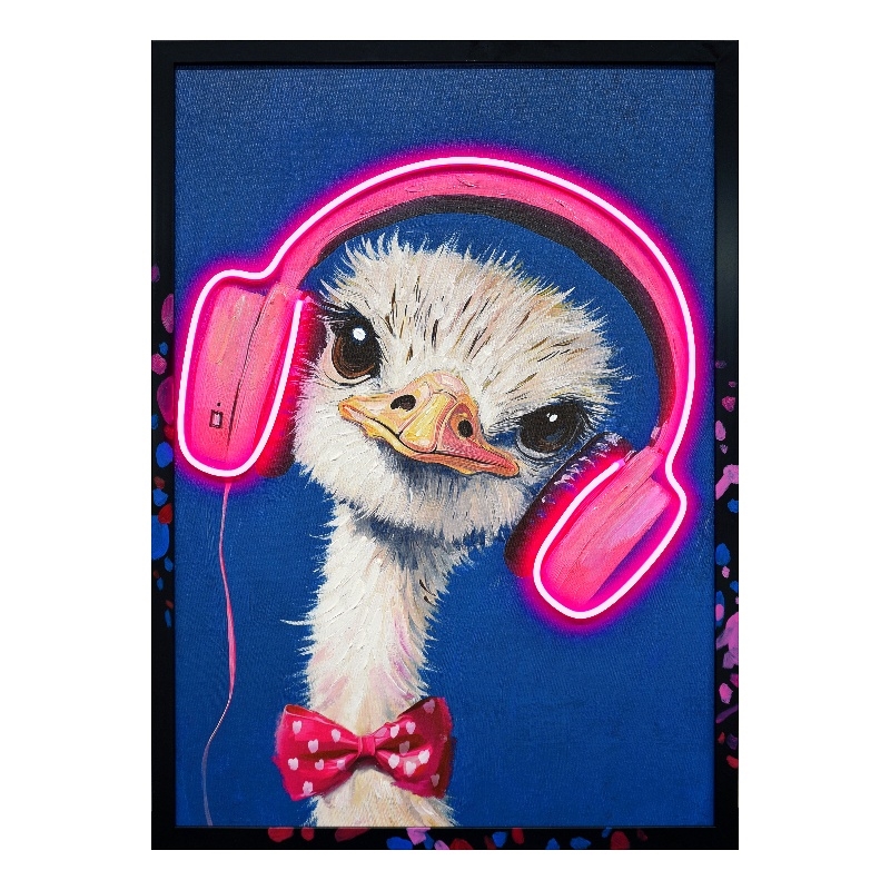 Whimsical Musical Neon Ostrich Multi-Color Canvas Wall Art - Wood Frame