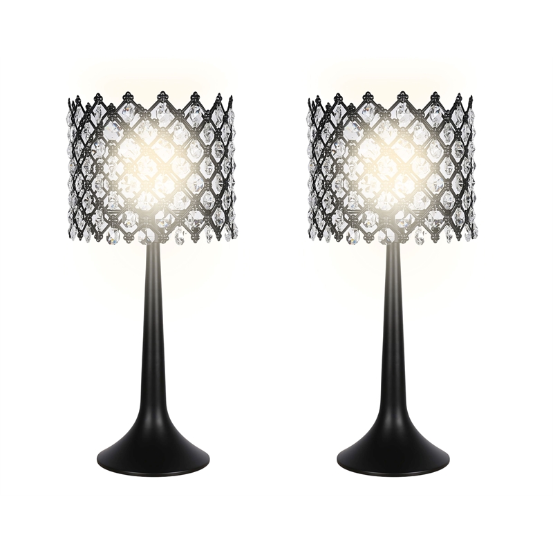 Crystal Lattice Radiance Metal Table Lamp Matte Black & Clear Crystal - Set of 2