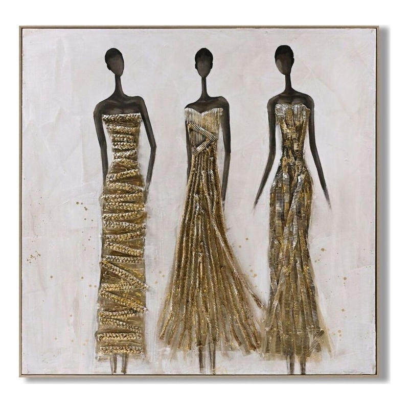 African Straw Women Multi-Color Canvas Wall Art - Beige Wood Frame - 40