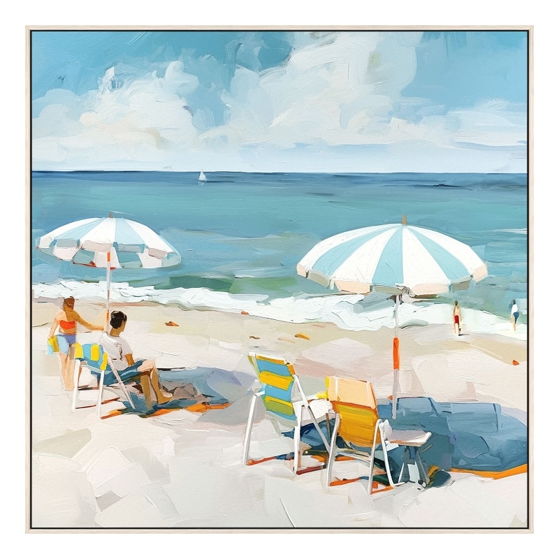 Under the Umbrella II Multi-Color Canvas Wall Art - Light Beige Wood Frame
