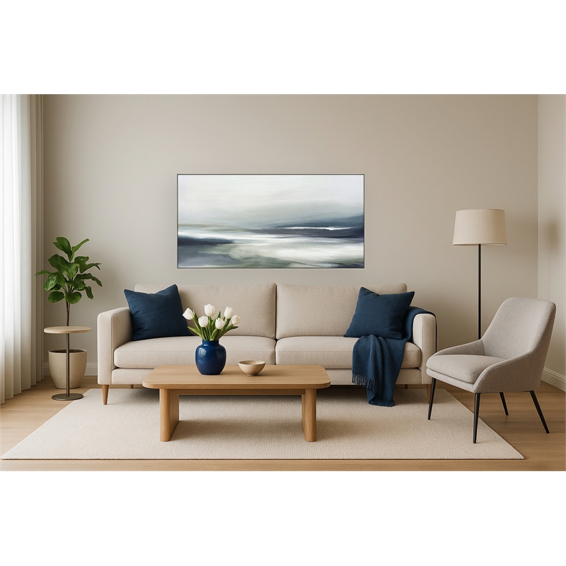 Blue Serene Horizon Framed Canvas Wall Art - Champagne Wood Frame - 59