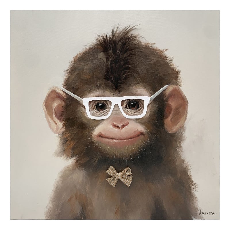 Playful Monkey with Glasses Multi-Color Canvas Wall Art - Wood Frame - 25