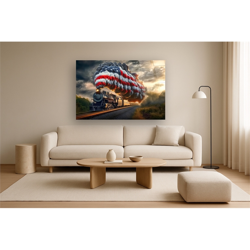 Patriotic Steam Locomotive Frameless Multi-Color Tempered Glass Wall Art