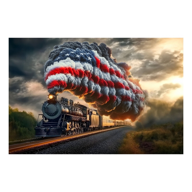 Patriotic Steam Locomotive Frameless Multi-Color Tempered Glass Wall Art