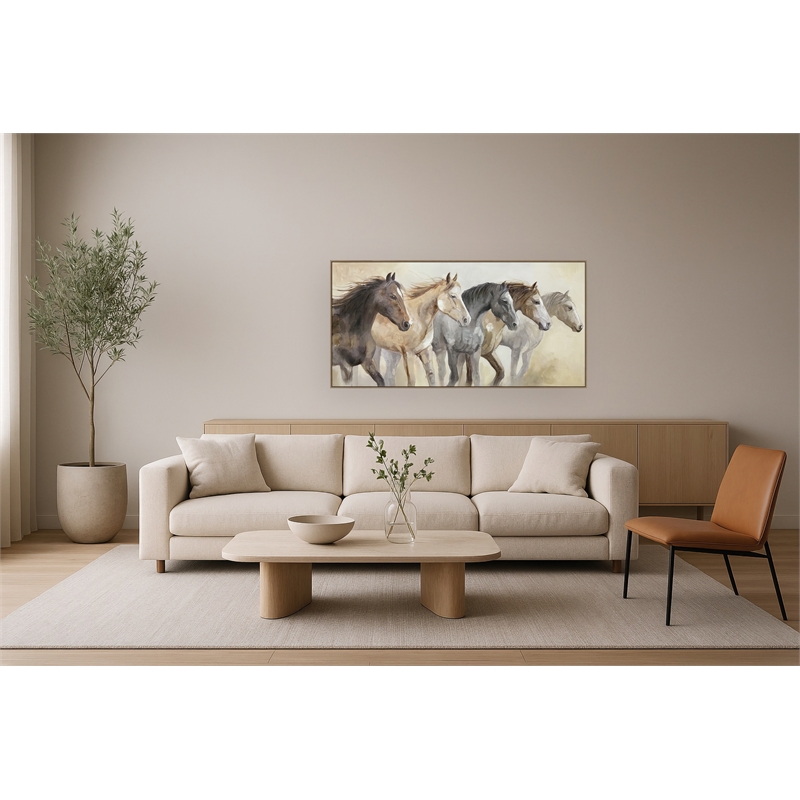 Galloping Spirits Framed Canvas Wall Art - Oak Wood Frame - 60