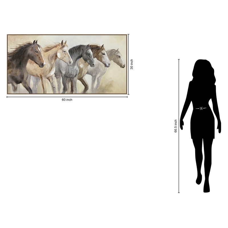Galloping Spirits Framed Canvas Wall Art - Oak Wood Frame - 60