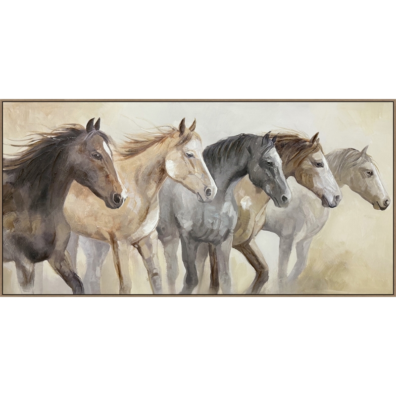Galloping Spirits Framed Canvas Wall Art - Oak Wood Frame - 60