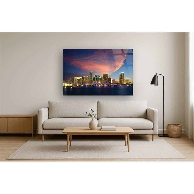 Miami Skyline Frameless Multi-Color Tempered Glass Wall Art - 60