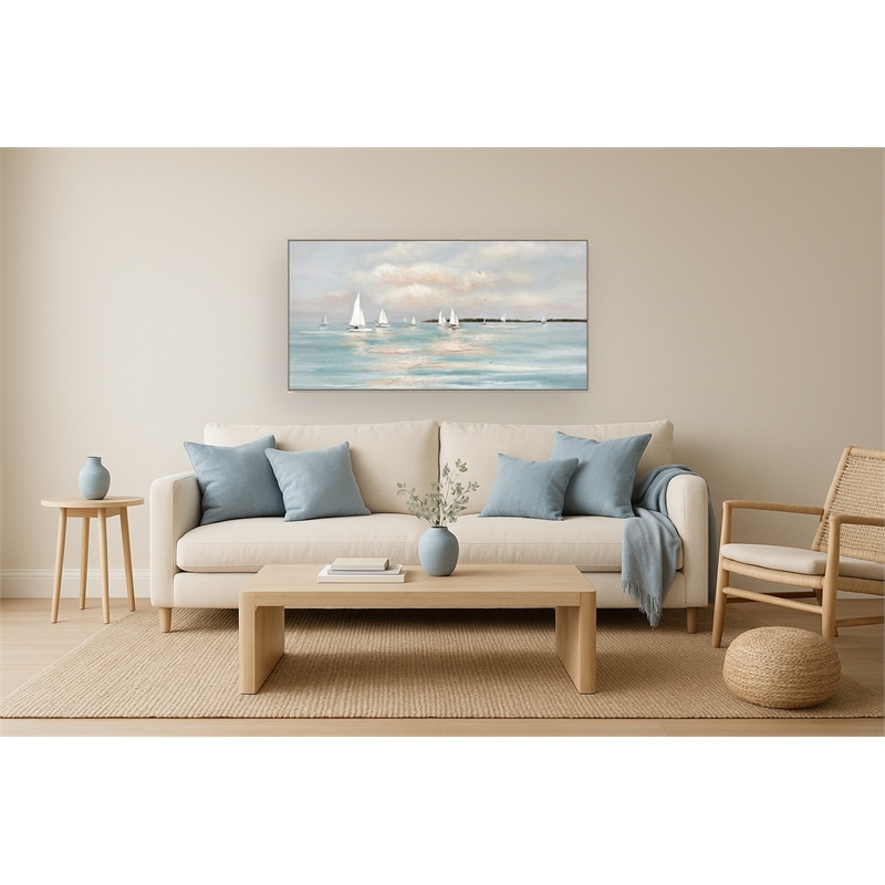 Tranquil Regatta Horizon Multi-Color Canvas Wall Art - Beige Wood Frame