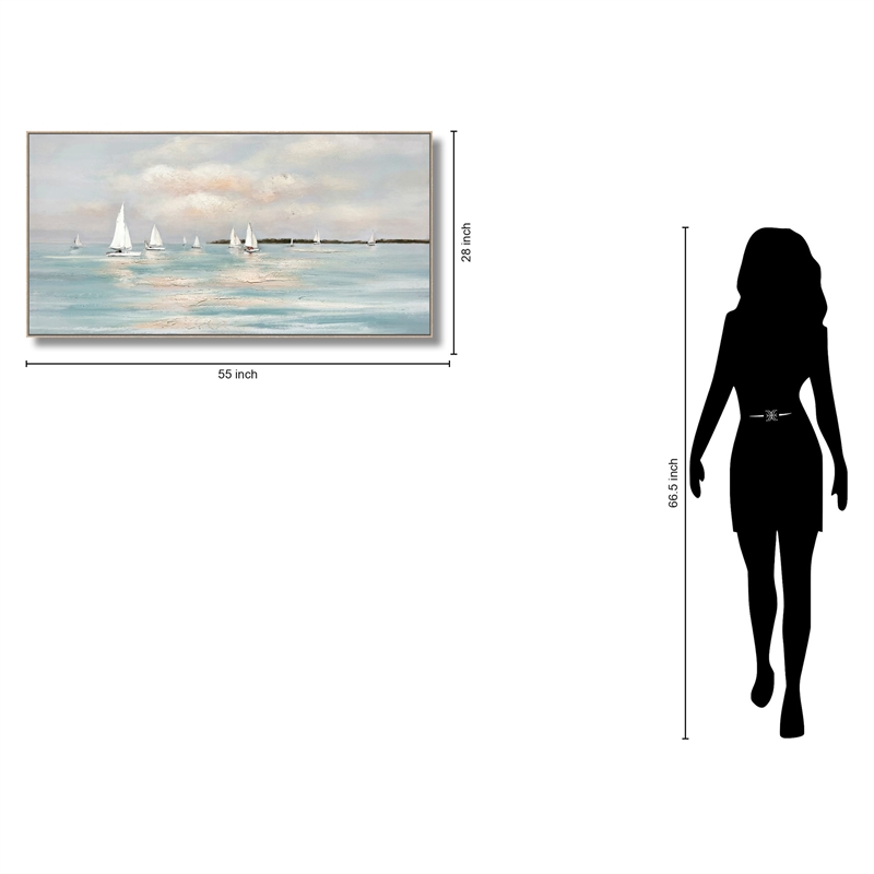 Tranquil Regatta Horizon Multi-Color Canvas Wall Art - Beige Wood Frame