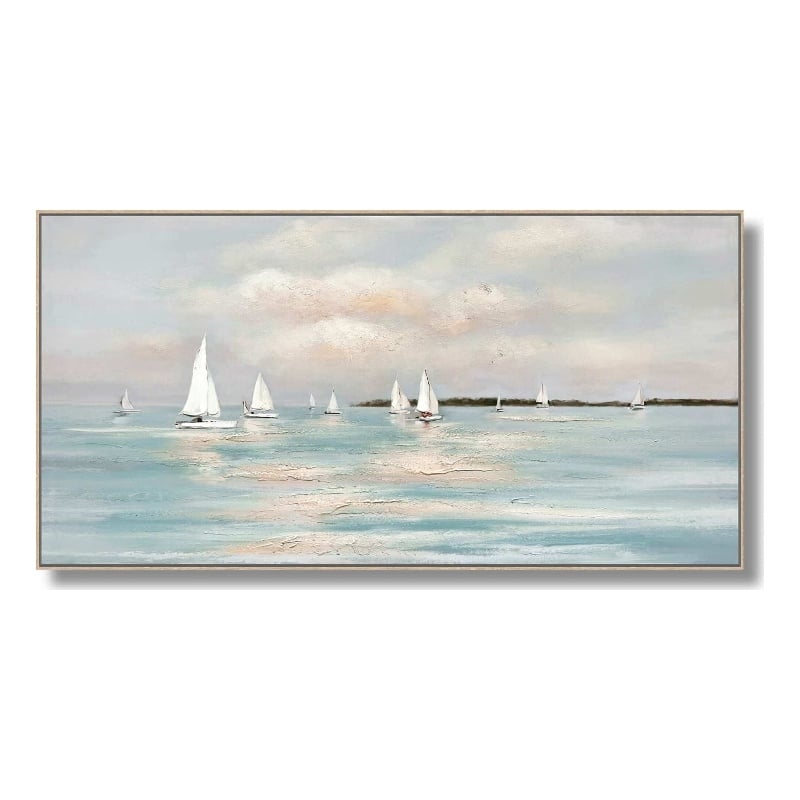 Tranquil Regatta Horizon Multi-Color Canvas Wall Art - Beige Wood Frame