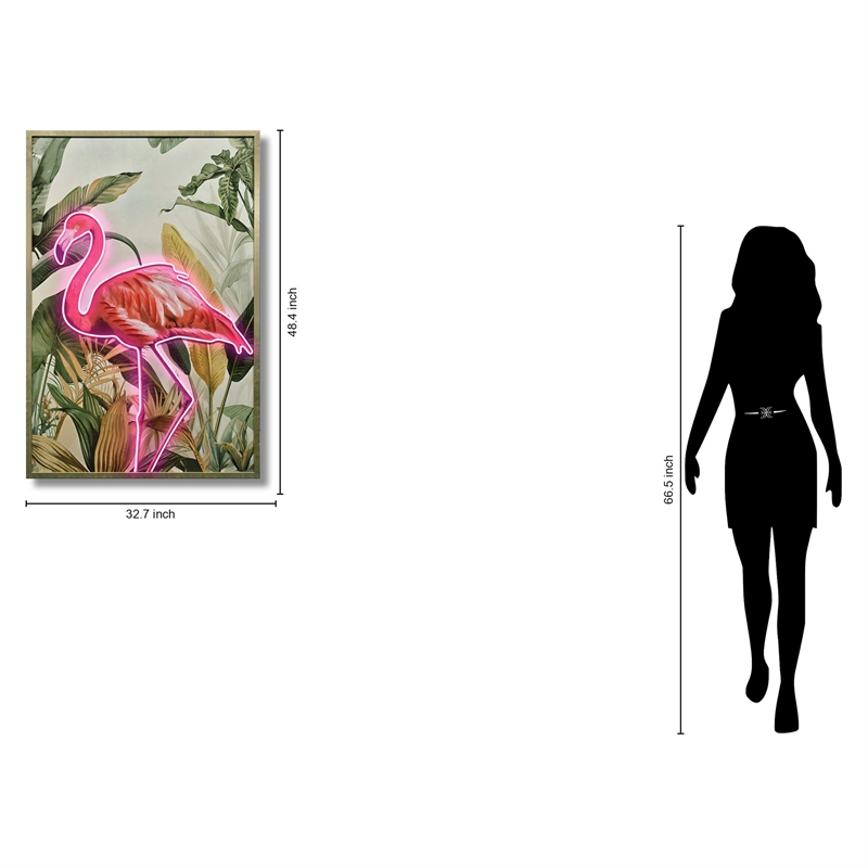 Neon Flamingo Tropical Artwork Multi-Color Canvas Wall Art - Wood Frame