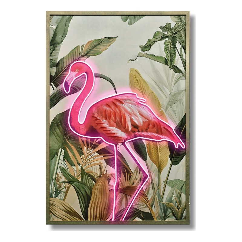 Neon Flamingo Tropical Artwork Multi-Color Canvas Wall Art - Wood Frame
