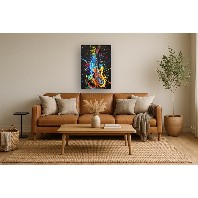 Vivid Neon Guitar Multi-Color Canvas Wall Art - Black Engineered Wood Frame