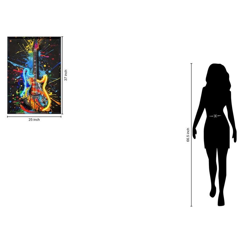 Vivid Neon Guitar Multi-Color Canvas Wall Art - Black Engineered Wood Frame
