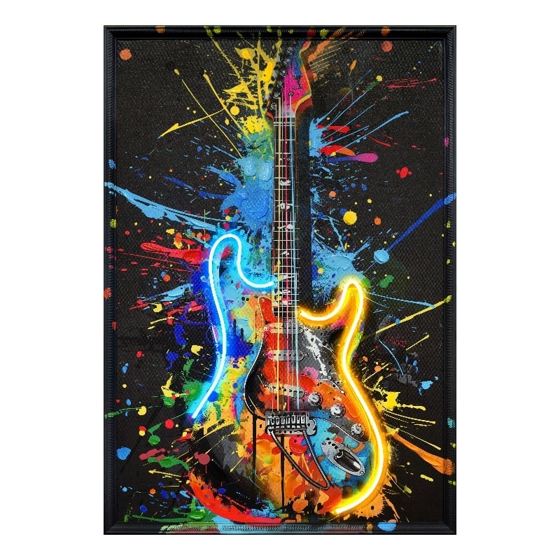 Vivid Neon Guitar Multi-Color Canvas Wall Art - Black Engineered Wood Frame