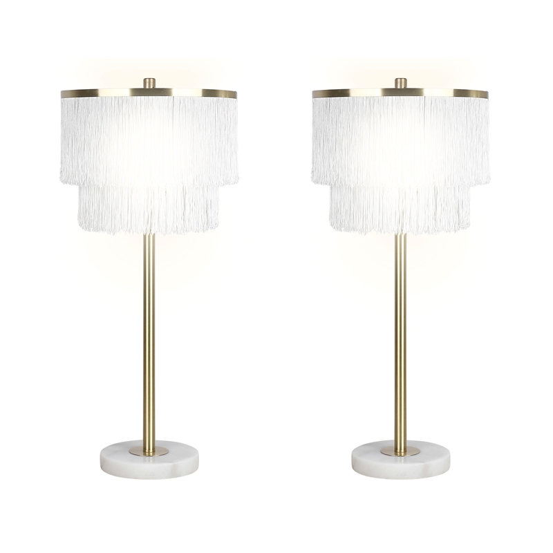 Tassel Elegance Metal Marble Table Lamp Soft Gold & White - Set of 2