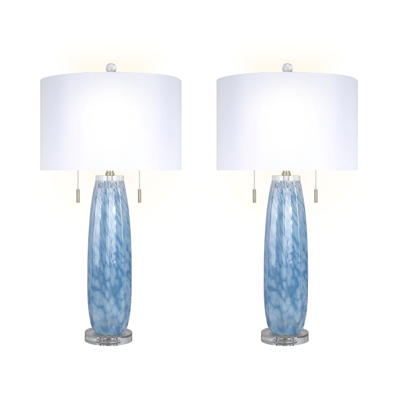 Azure Drift Table Lamp Blue Art Glass & Clear Crystal - Set of 2