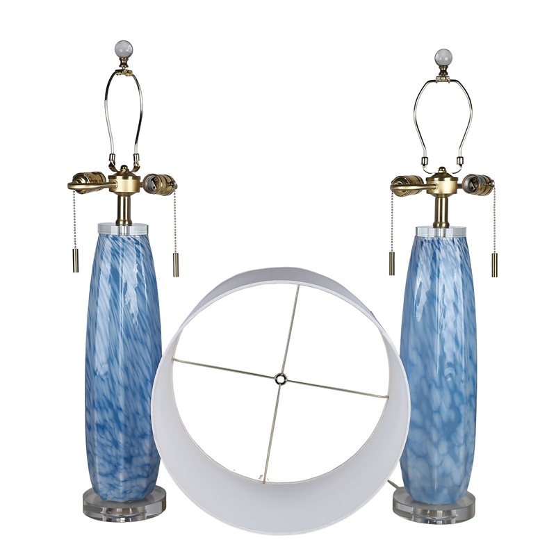 Azure Drift Table Lamp Blue Art Glass & Clear Crystal - Set of 2