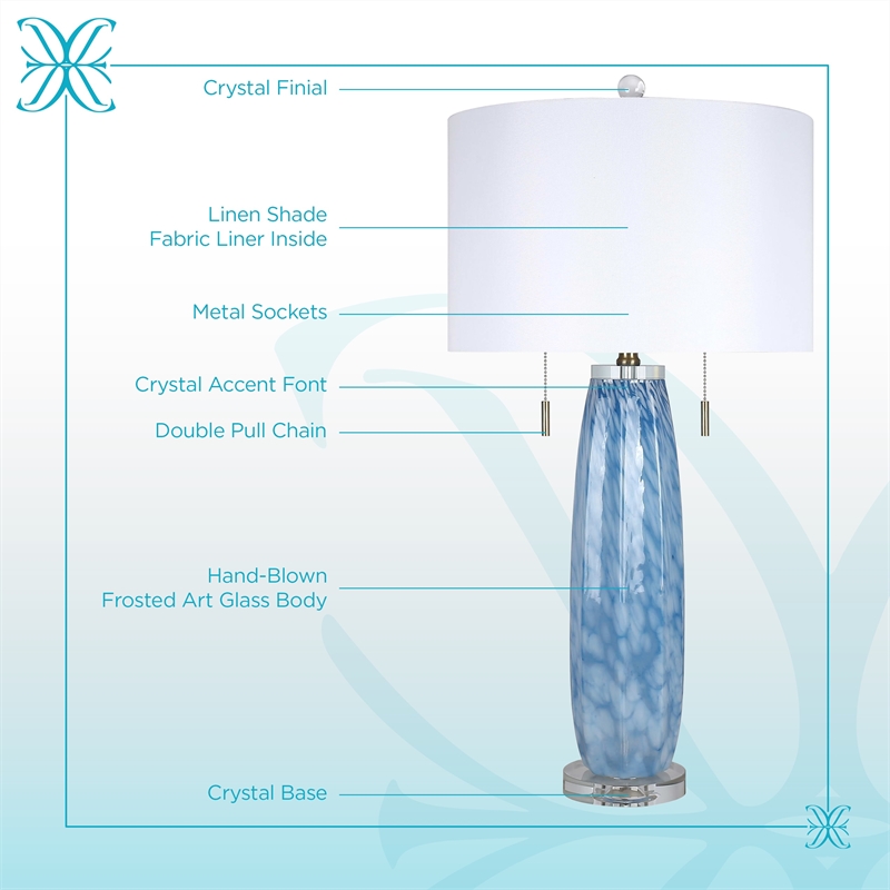 Azure Drift Table Lamp Blue Art Glass & Clear Crystal - Set of 2