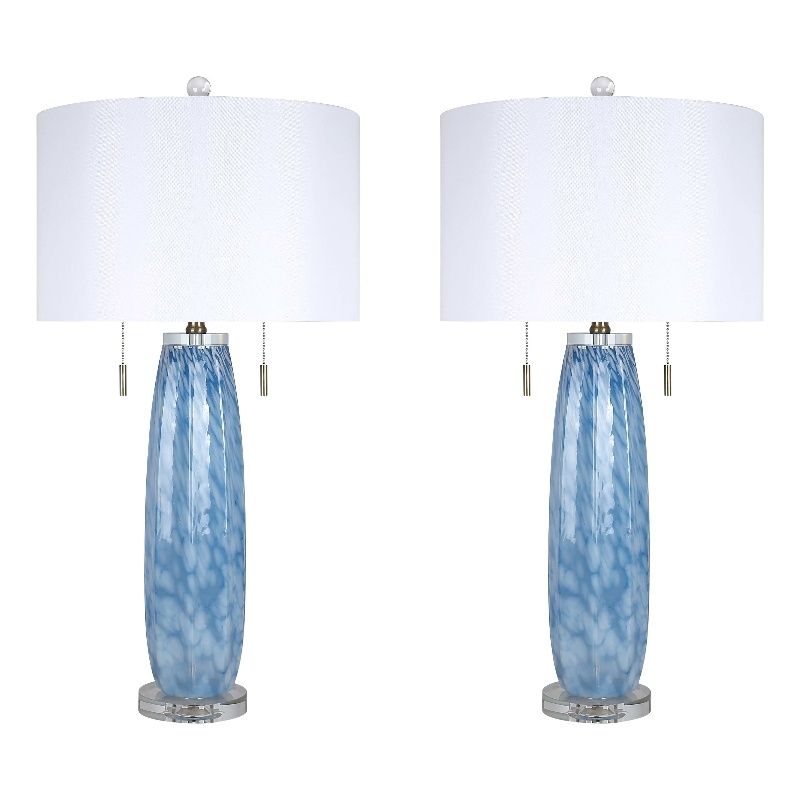 Azure Drift Table Lamp Blue Art Glass & Clear Crystal - Set of 2