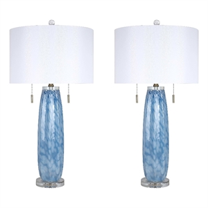 Azure Drift Table Lamp Blue Art Glass & Clear Crystal - Set of 2