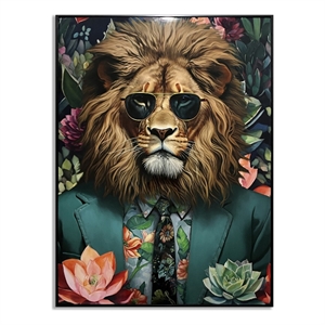 Lion in Green Suit Multi-Color Canvas Wall Art - Black Wood Frame - 30&quot x 40&quot