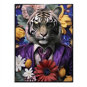 Tiger and Multi-Color Floral Surround Canvas Wall Art - Wood Frame - 30&quot x 40&quot