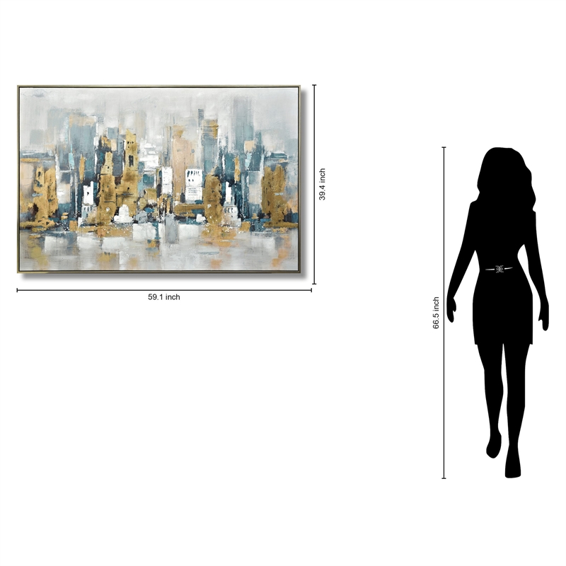 Golden Skyline Reverie Multi-Color Canvas Wall Art - Champagne Gold Wood Frame