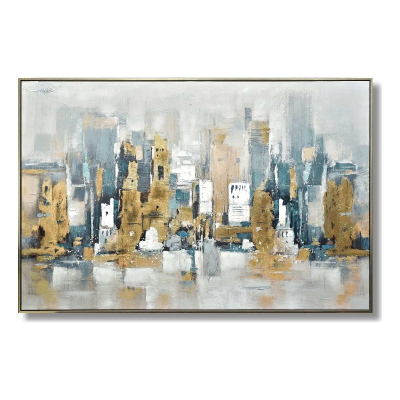 Golden Skyline Reverie Multi-Color Canvas Wall Art - Champagne Gold Wood Frame