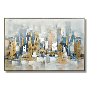 Golden Skyline Reverie Multi-Color Canvas Wall Art - Champagne Gold Wood Frame