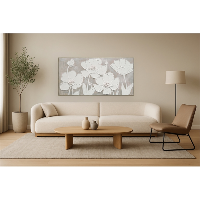 White Textured Blossoms Framed Canvas Wall Art - Cream Wood Frame - 60