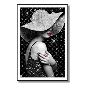 Black Glamorous Woman with Hat in Glitter Art Wall Art - Engineered Wood Frame