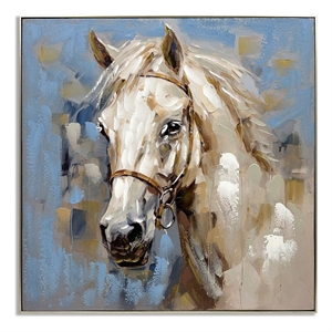 White Horse on Blue Multi-Color Canvas Wall Art - Champagne Silver Wood Frame