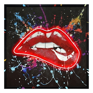 Neon Glow Lips Multi-Color Canvas Wall Art - Black Engineered Wood Frame
